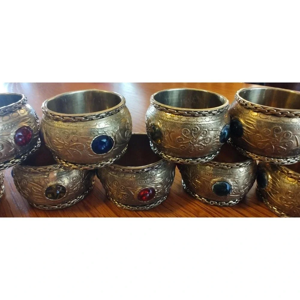 Vintage Brass Napkin Rings Etched Glass Cobachon Gothic Romantic Castlecore EXC